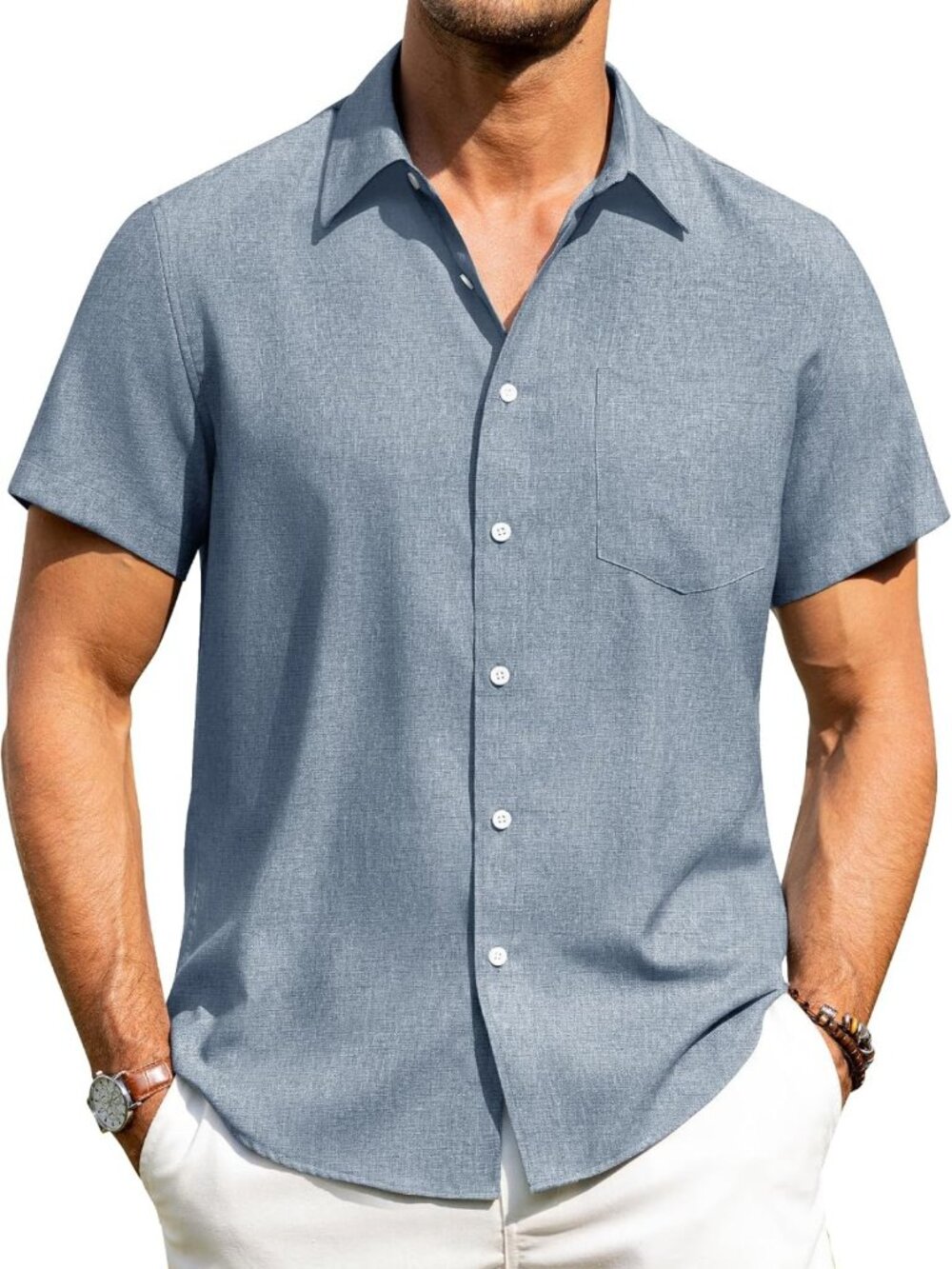 Men's Short Sleeve Linen Button Down Shirt - Wrinkle-Free Casual Summer Top
